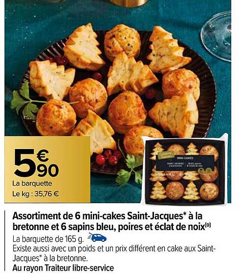 Assortiment De 6 Mini-cakes Saint-jacques à La Bretonne Et 6 Sapins Bleu, Poires Et éclat De Noix