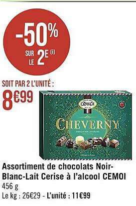 assortiment de chocolats noir-blanc-lait cerise à l'alcool cémoi
