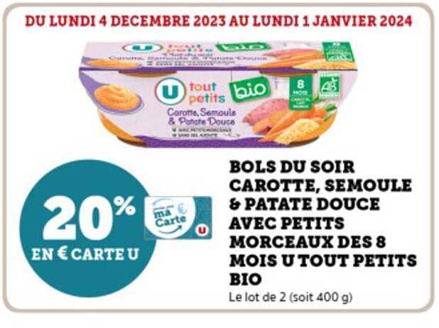 bols du soir carotte, semoule & patate douce avec petits morceaux dès 8 mois u tout petits bio