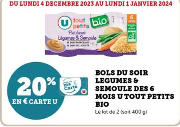 bols du soir légumes & semoule dès 6 mois u tout petits bio