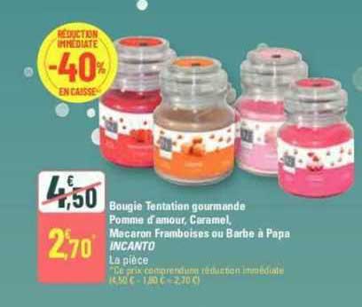 bougie tentation gourmande pomme d'amour, caramel, macaron framboises ou barbe à papa incanto