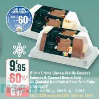 bûche crème glacée vanille gousses entières & caramel beurre salé au chocolat noir sorbet plein fruit poire l'angelys