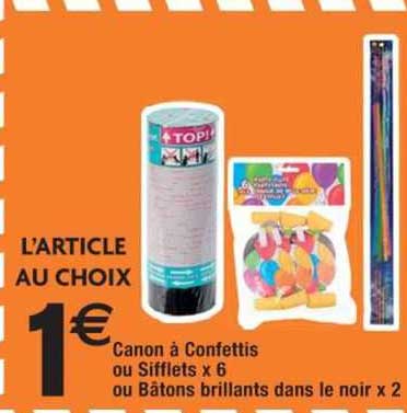 canon à confettis ou sifflets x6 ou bâtons brillants dans le noir x2
