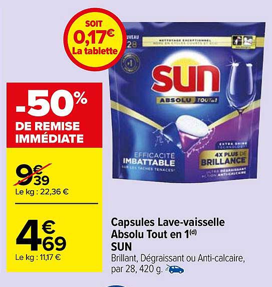 capsules lave-vaisselle absolu tout en 1 sun