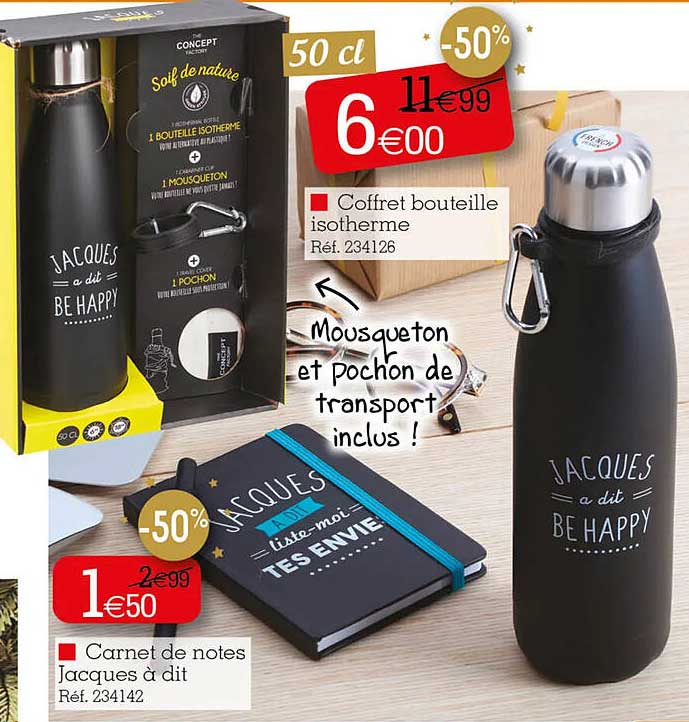 carnet de notes jacques à dit, coffret bouteille isotherme