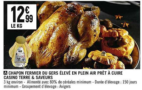 chapon fermier du gers élevé en plein air prêt à cuire casino terre & saveurs