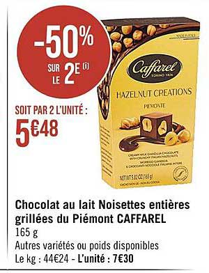 chocolat au lait noisettes entières grillées du piémont caffarel