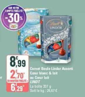 cornet boule lindor assorti cœur blanc & lait ou cœur lait