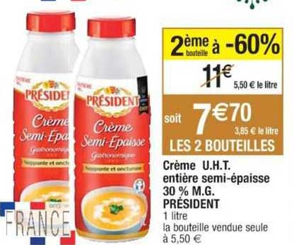 crème u.h.t. entière semi-épaisse 30% m.g. président