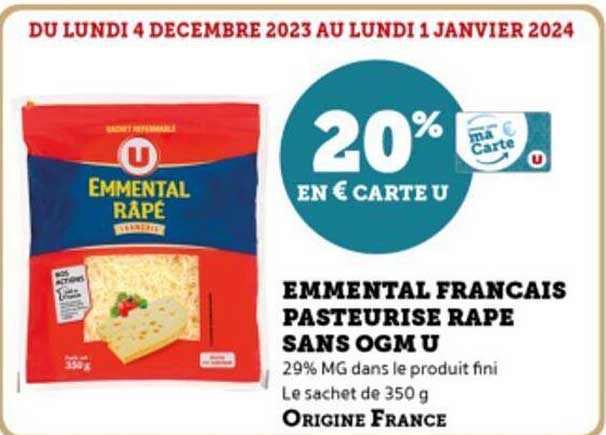 emmental français pasteurisé râpé sans ogm u