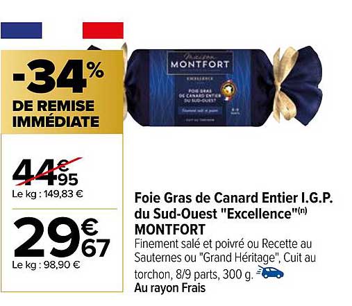 foie gras de canard entier i.g.p. du sud-ouest "excellence" montfort