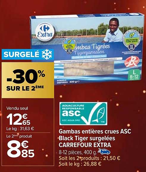Gambas Entières Crues Asc Black Tiger Surgelées Carrefour Extra