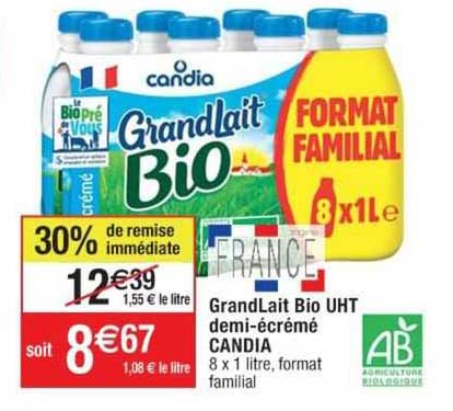 grandLait bio uht demi-écrémé candia