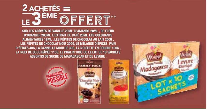 les arômes de vanille 20 ml, d'amande 20 ml, de fleur d'oranger 200ml, l'extrait de café 20 ml, les colorants alimentaires 18 ml, les pépites de chocolat au lait 200 g, les pépites de chocolat noir