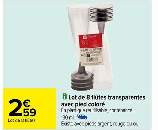 lot de 8 flûtes transparentes avec pied coloré