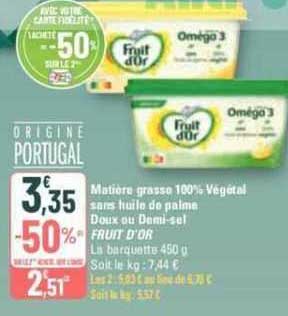 matière grasse 100% végétal sans huile de palme doux ou demi-sel fruit d'or