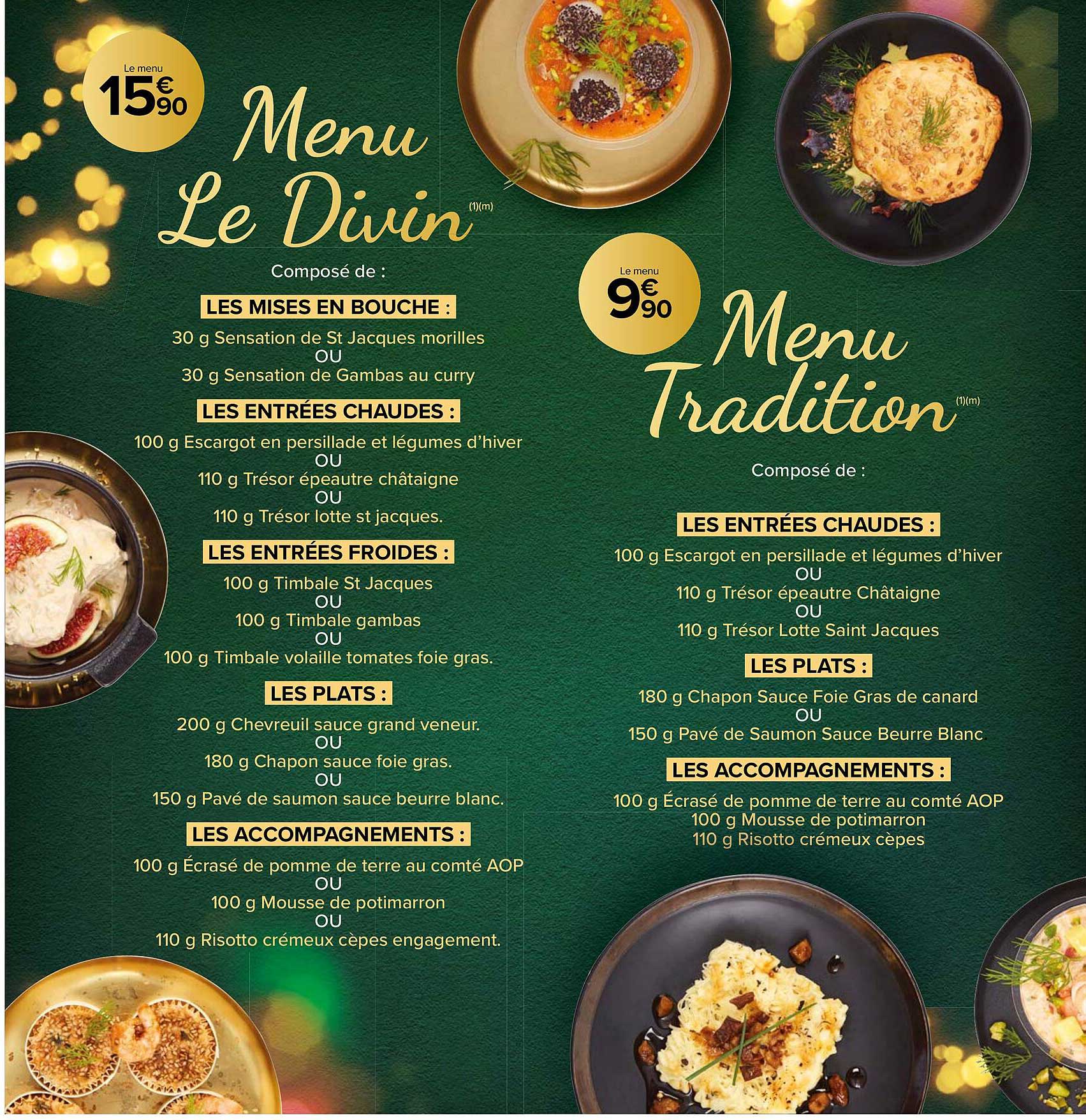 menu le divin, menu tradition