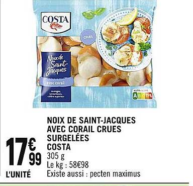 noix de saint-jacques avec corail crues surgelées costa