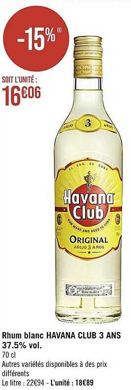 rhum blanc havana club 3 ans 37,5% vol.