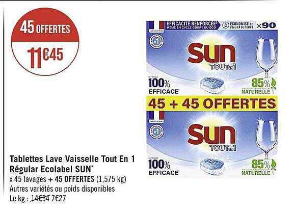 tablettes lave vaisselle tout en 1 regular ecolabel sun