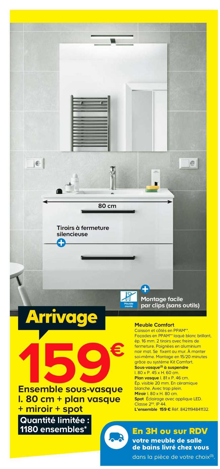 ensemble sous-vasque l.80 cm + plan vasque + miroir + spot