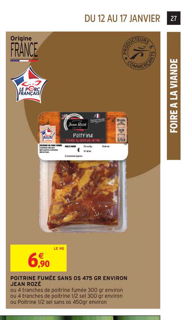 poitrine fumée sans os 475 gr environ jean rozé