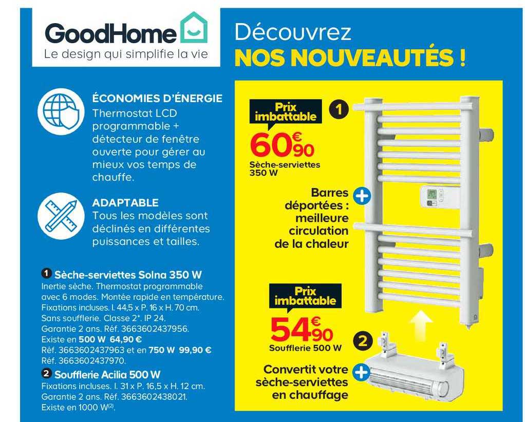 sèche-serviettes 350 w, soufflerie 500 w good home