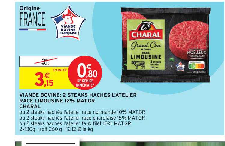 viande bovine : 2 steaks hachés l'atelier race limousine 12% mat.gr. charal
