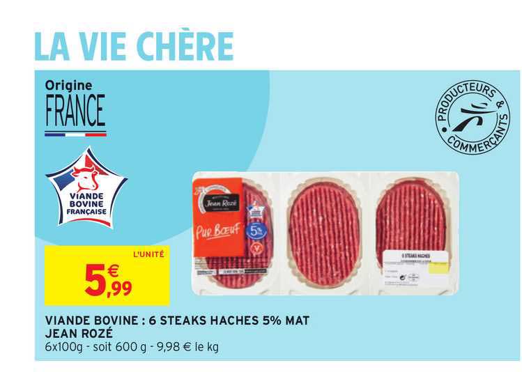 viande bovine : 6 steaks hachés 5% mat jean rozé