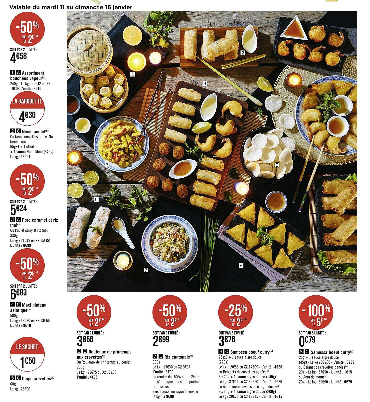 assortiment bouchées vapeur, nem poulet, porc caramel et riz, maxi plateau asiatique, chips crevettes, rouleaux de printemps aux crevettes, riz cantonnais, samossa bœuf carry