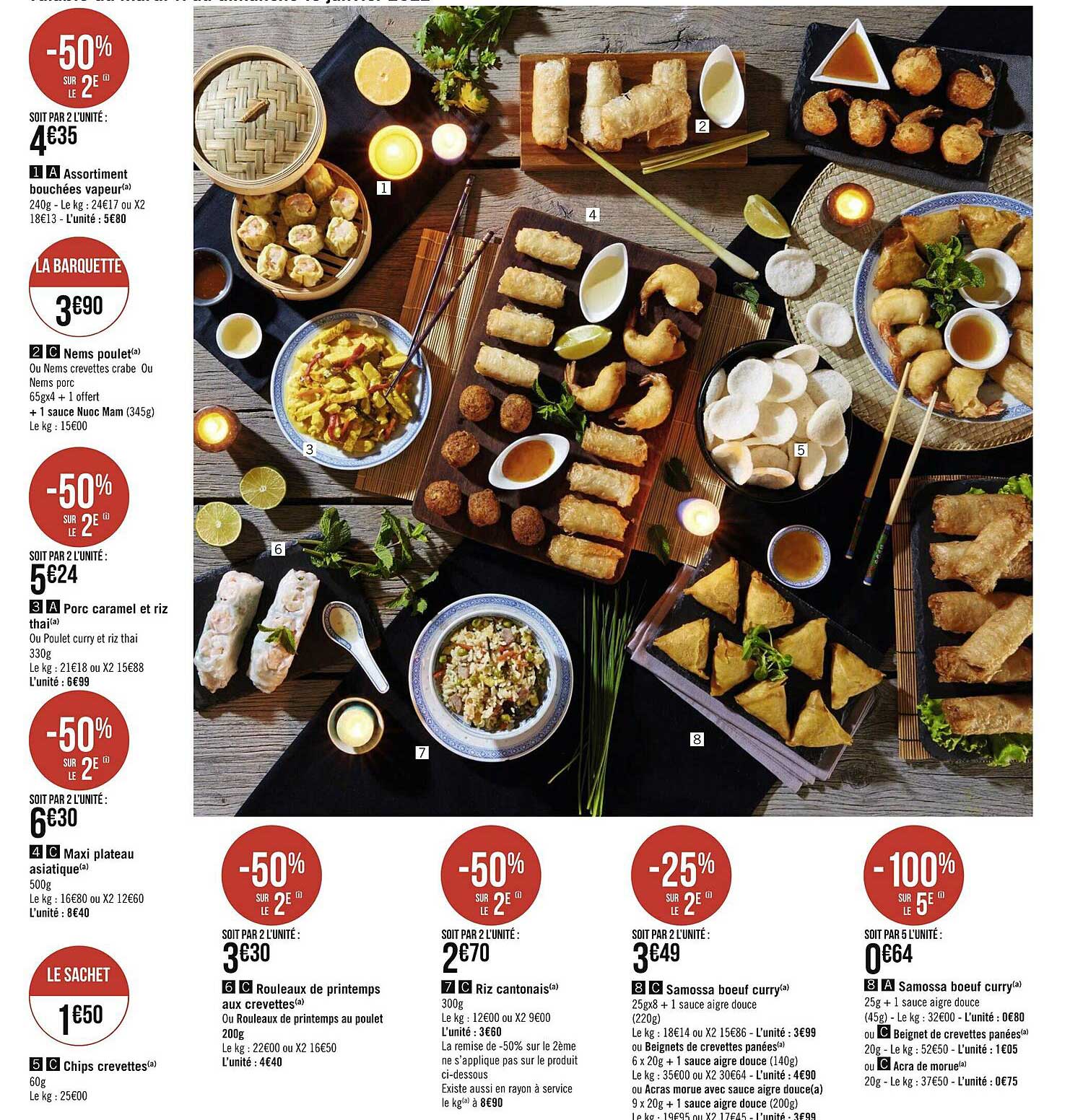 assortiment bouchées vapeur, nem poulet, porc caramel et riz thaï, maxi plateau asiatique, chips crevettes, rouleaux de printemps aux crevettes, riz cantonnais, samossa bœuf carry,