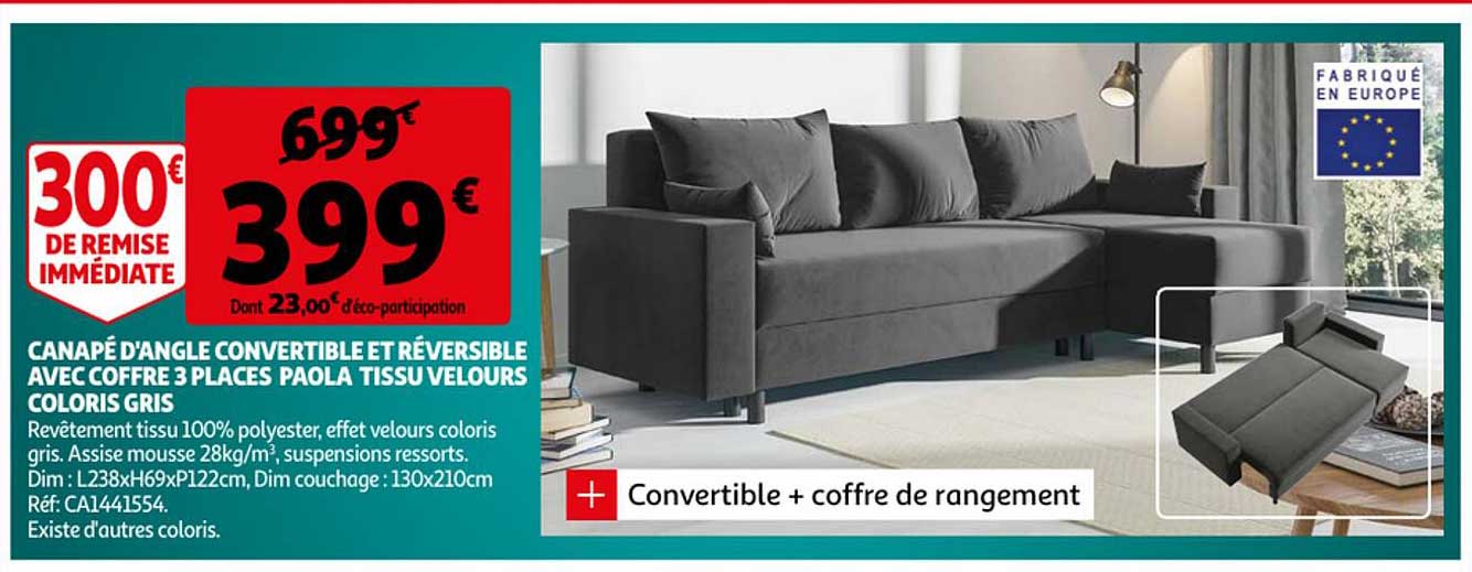 canapé d'angle convertible et réversible avec coffre 3 places paola tissu velours coloris gris