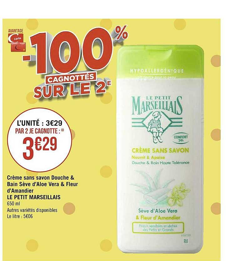 crème sans savon douche & bain sève d'aloé vera & fleur d'amandier le petit marseillais