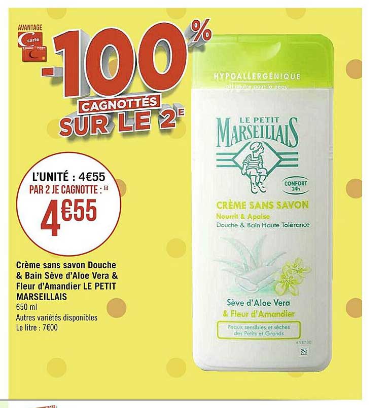 crème sans savon douche & bain sèvre d'aloé vera & fleur d'amandier le petit marseillais