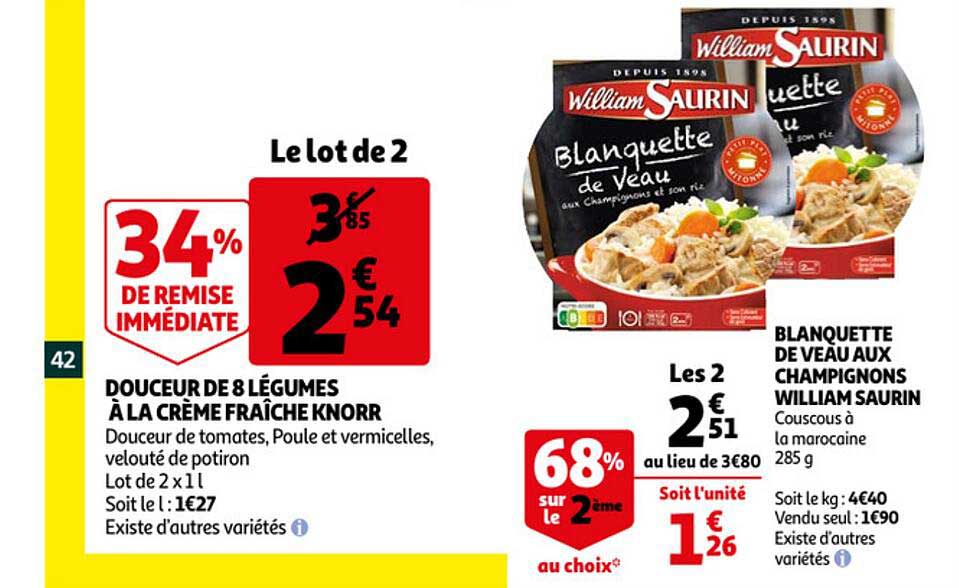 douceur de 8 légumes à la crème fraîche knorr, blanquette de veau aux champignons william saurin