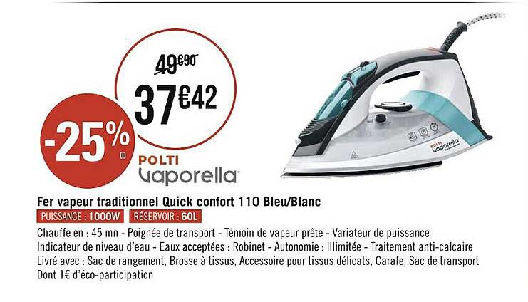 Fer Vapeur Traditionnel Quick Confort 110 Bleu-blanc Polti Vaporella