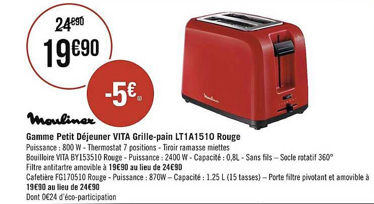 gamme petit déjeuner vita grille-pain rouge moulinex