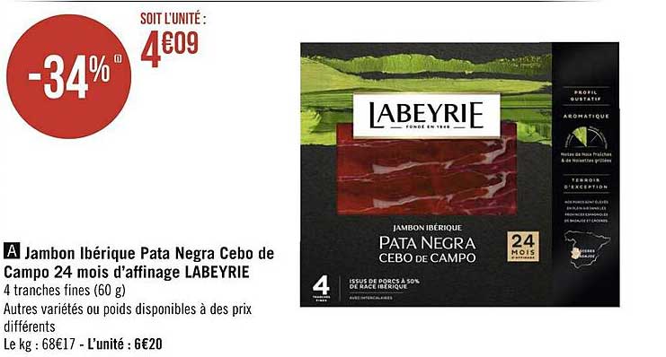jambon ibérique pata negra cebo de campo 24 mois d'affinage labeyrie