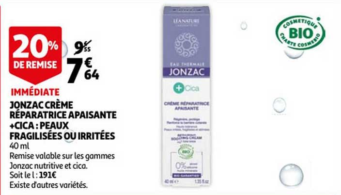 jonzac crème réparatrice apaisante +cica : peau fragilisées ou irritées