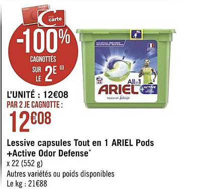 lessive capsules tout en 1 ariel pods + active odor defense
