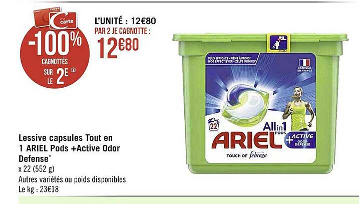 lessive capsules tout en 1 ariel pods + active odor defense