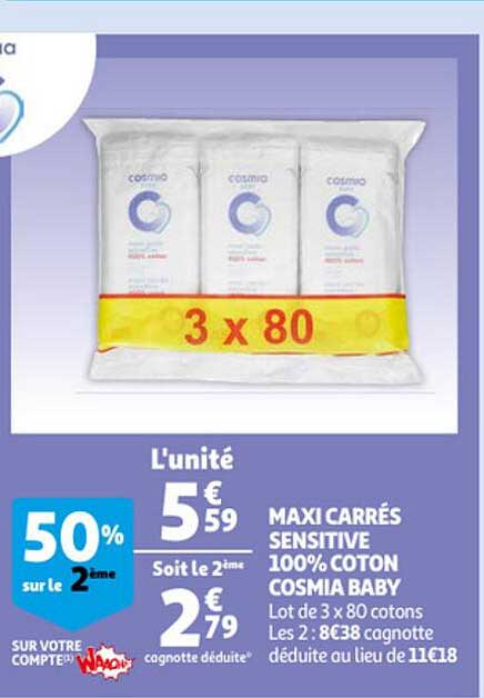 Maxi Carrés Sensitive 100% Coton Cosmia Baby