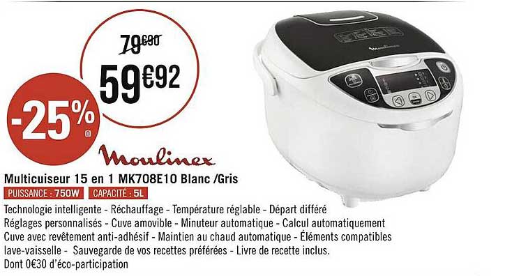 multicuiseur 15 en 1 mk708e10 blanc - gris moulinex