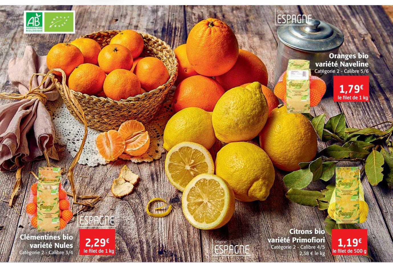oranges bio variété naveline, clémentines bio variété nules, citrons bio variété primofiori