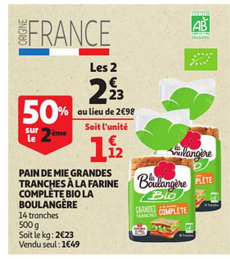 pain de mie grandes tranches à la  farine complète bio la boulangère
