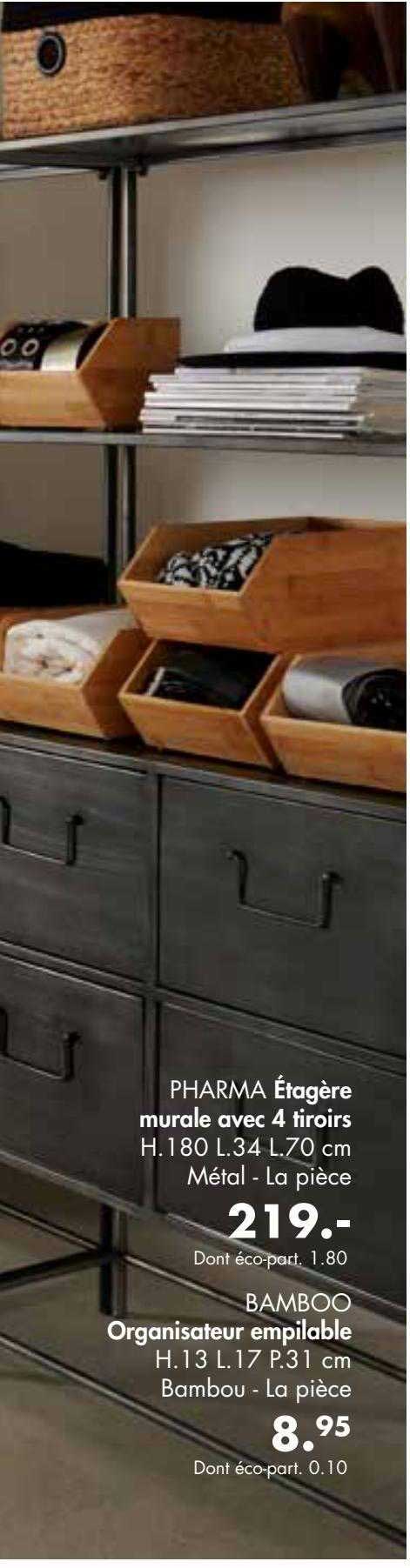 pharma étagère murale avec 4 tiroirs, bamboo organisateur empilable