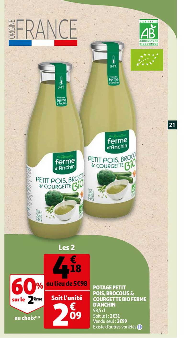 potage petit pois, brocolis & courgette bio ferme d'anchin