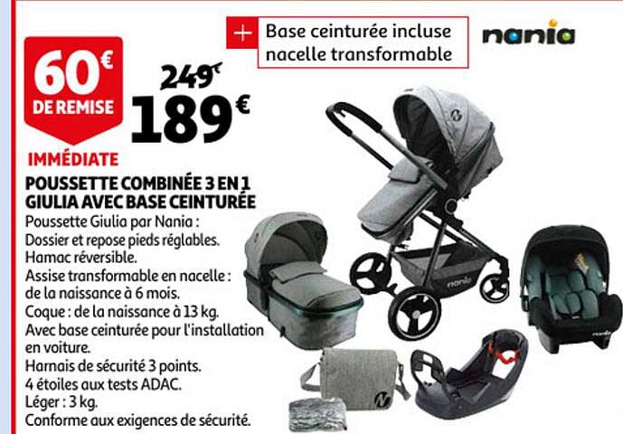poussette combinée 3 en 1 giulia avec base ceinturée