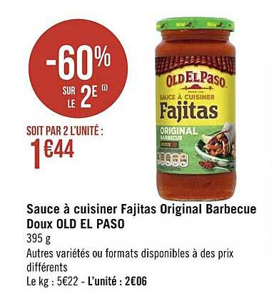sauce à cuisiner fajitas original barbecue doux old el paso