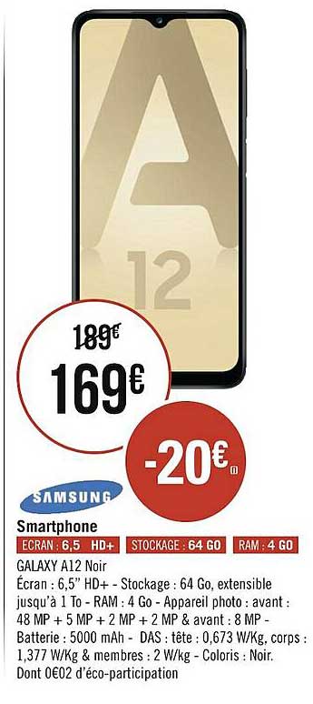 smartphone galaxy a12 noir samsung
